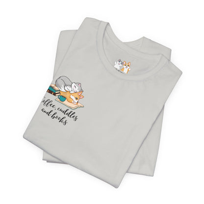Kitty and Corgi — Coffee, Cuddles, and Books — Super Soft Cotton Airlume Unisex T-Shirt