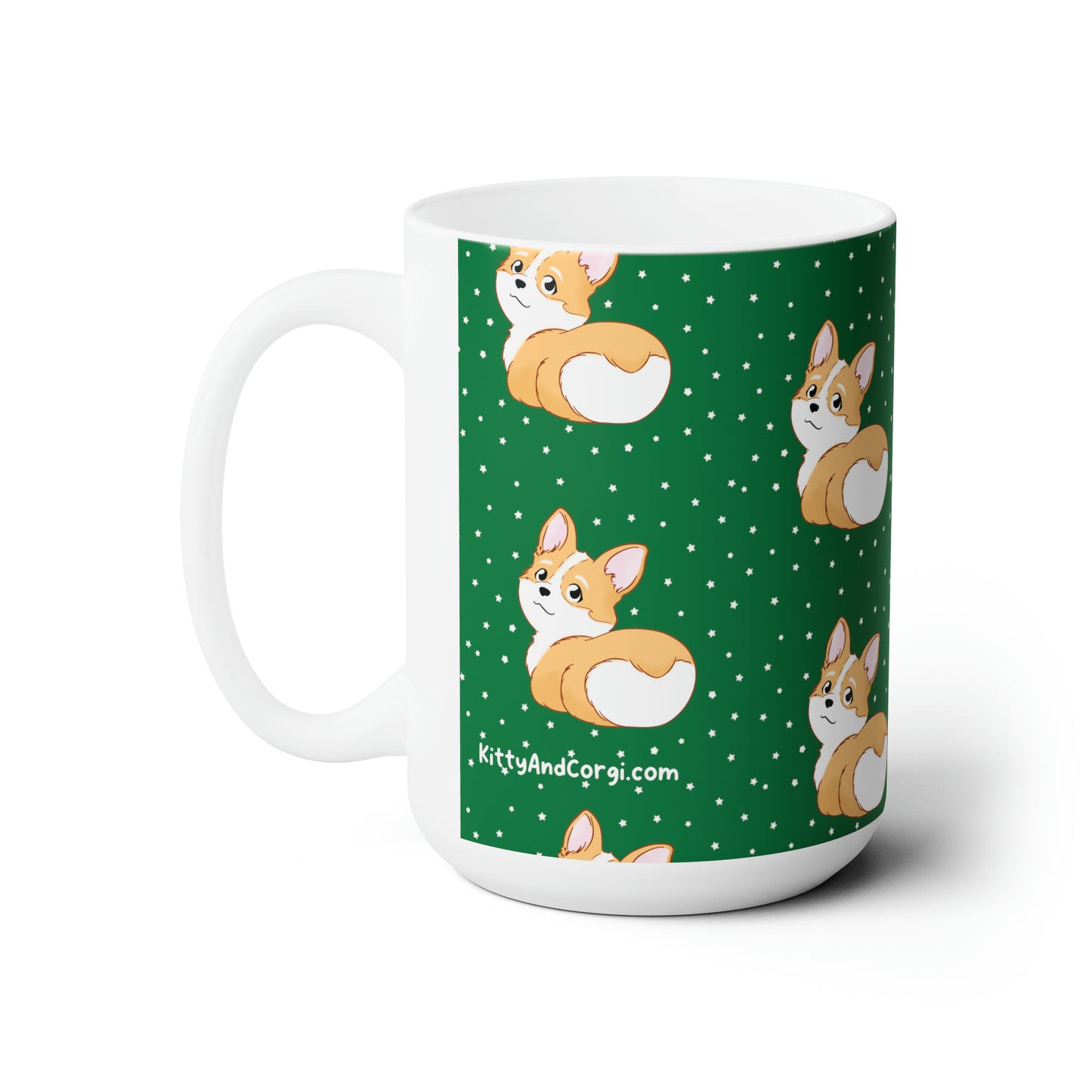 Corgi Butt Patterned Ceramic Mug - Christmas Green with stars - 15oz