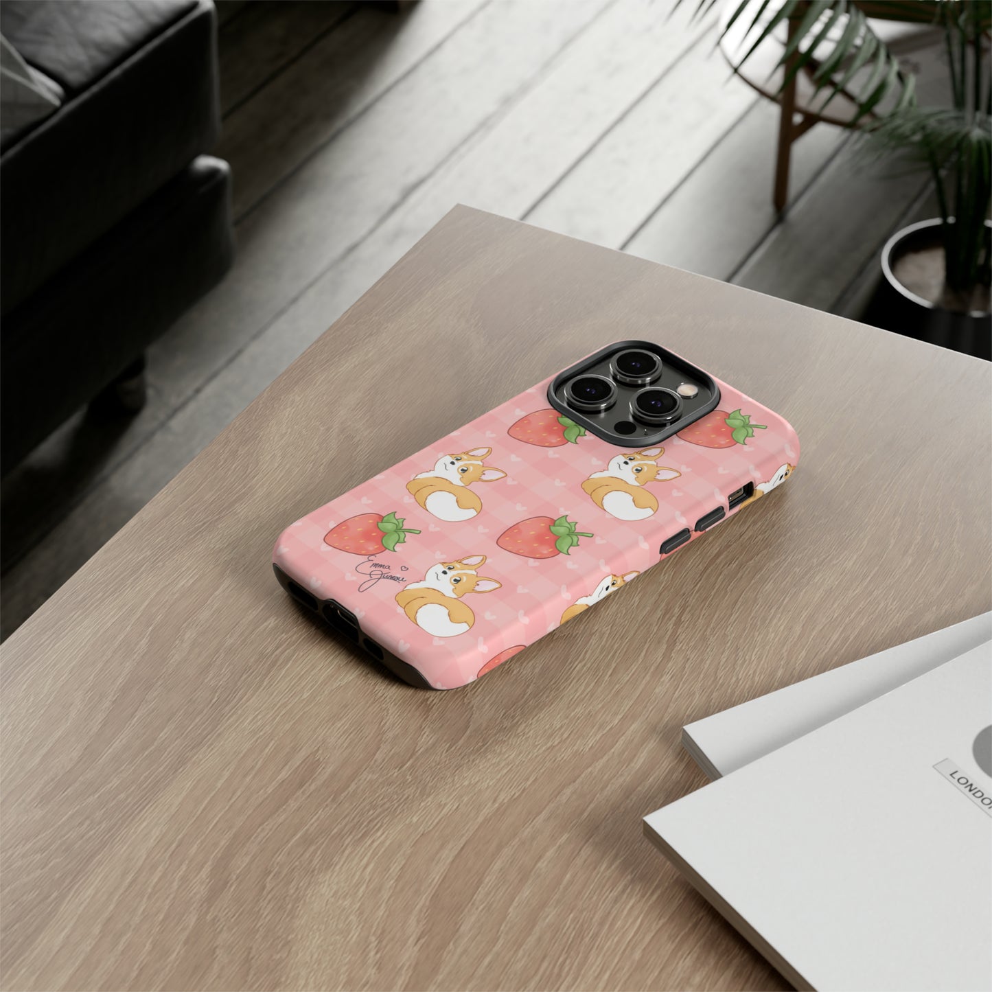 Corgi Butt and Strawberries Cute Pink Gingham Hearts Tough Case