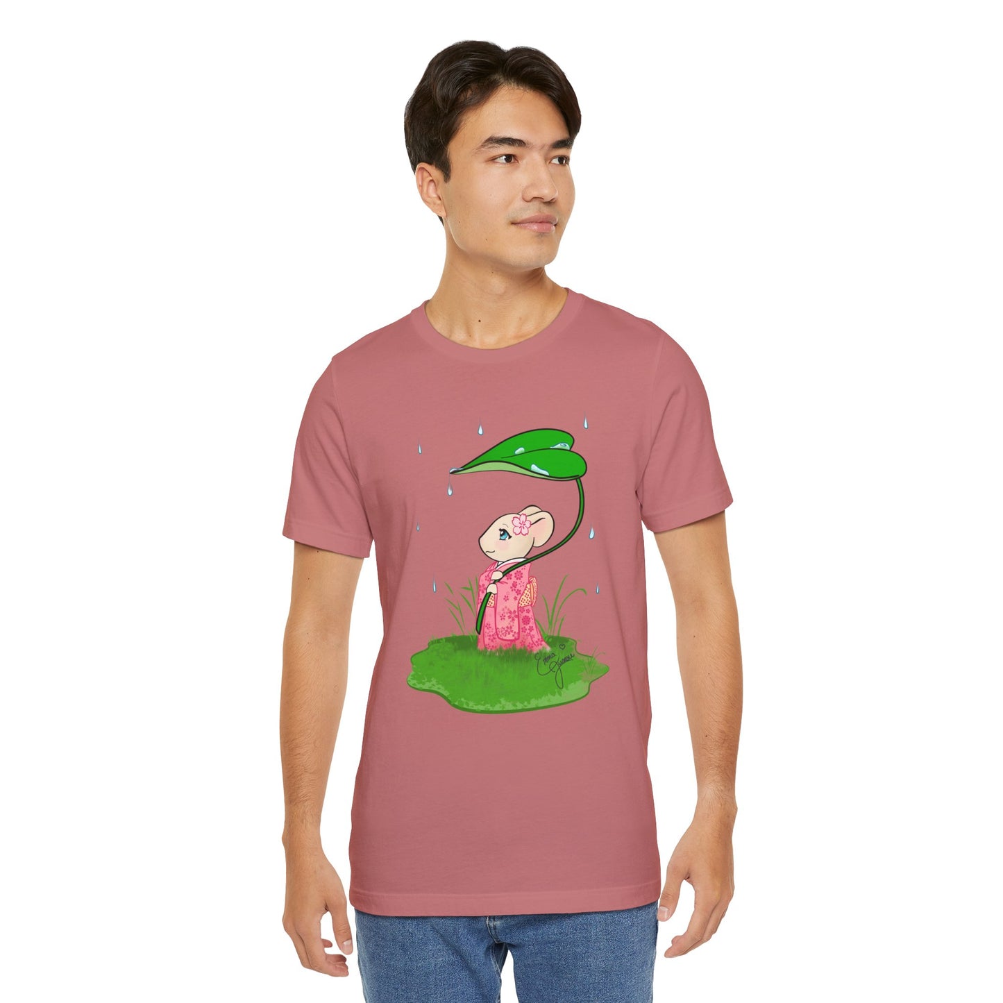 Sakura Mousie with a Leaf Umbrella on a Rainy Day - Super Soft Cotton Airlume Unisex T-Shirt (Large Graphic)