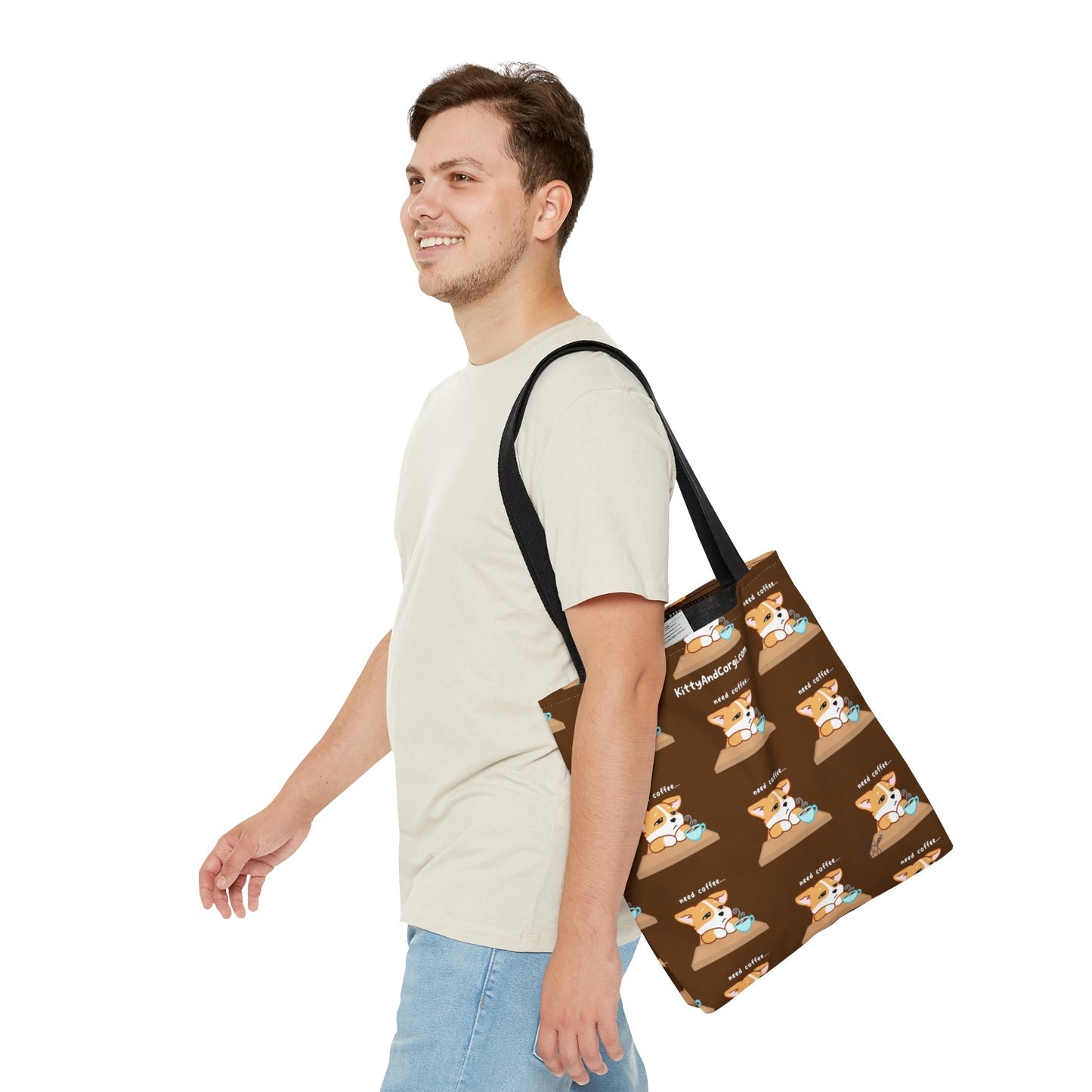 Corgi Needs Coffee - Repeating Pattern in Coffee Brown - Tote Bag
