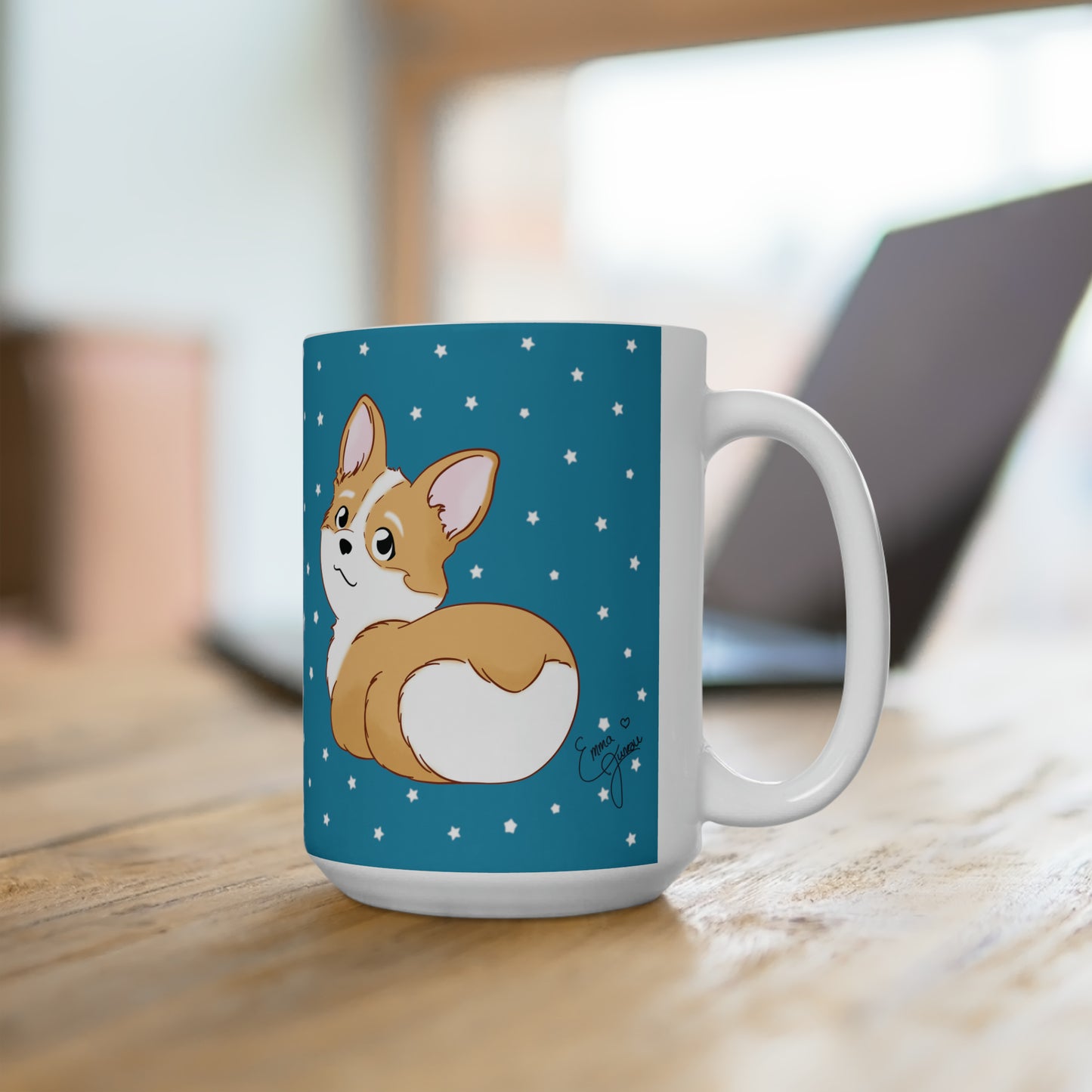 Corgi Butt Ceramic Mug in Turquoise with stars - single design 15oz