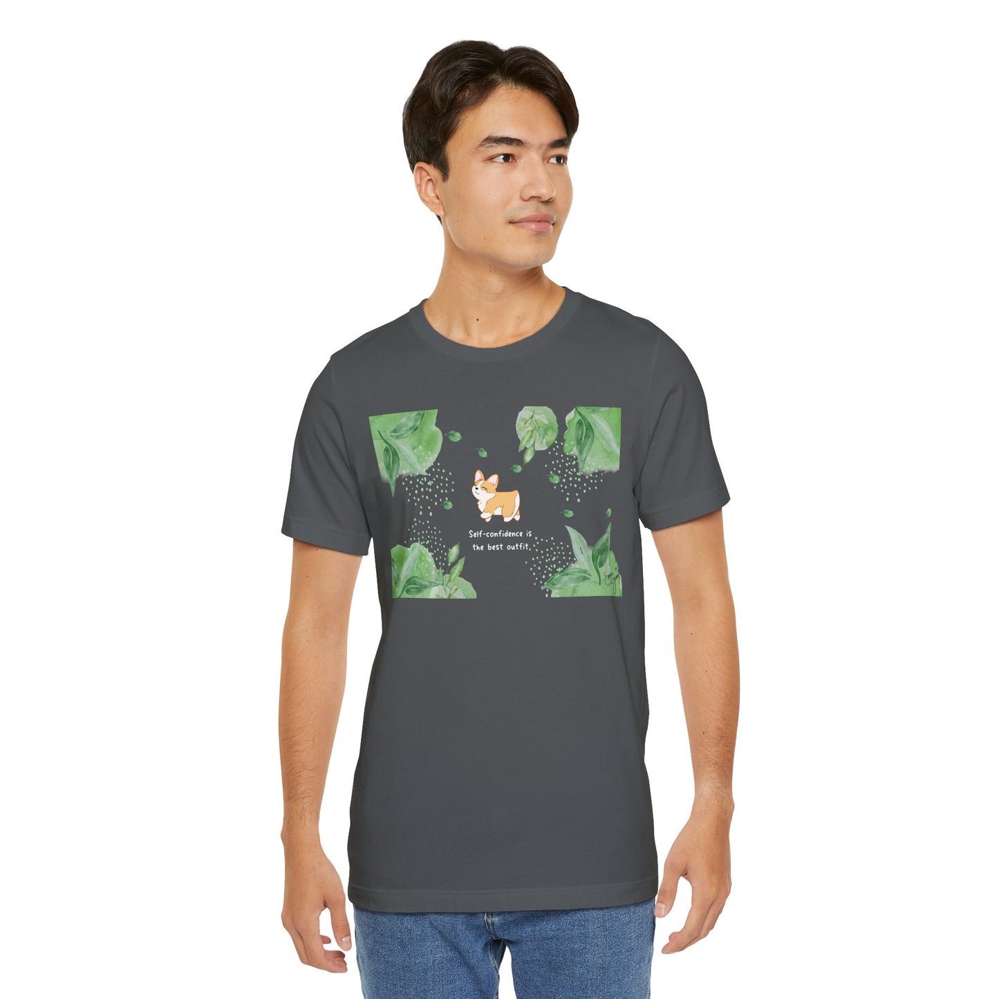 Corgi - Confidence is the Best Outfit - Super Soft Cotton Airlume Unisex T-Shirt (Horizontal Graphic)
