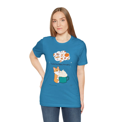 Corgi is Fueled by Happy Thoughts of Fall and Pumpkin Spice - Super Soft Cotton Airlume Unisex T-Shirt (Large Graphic)