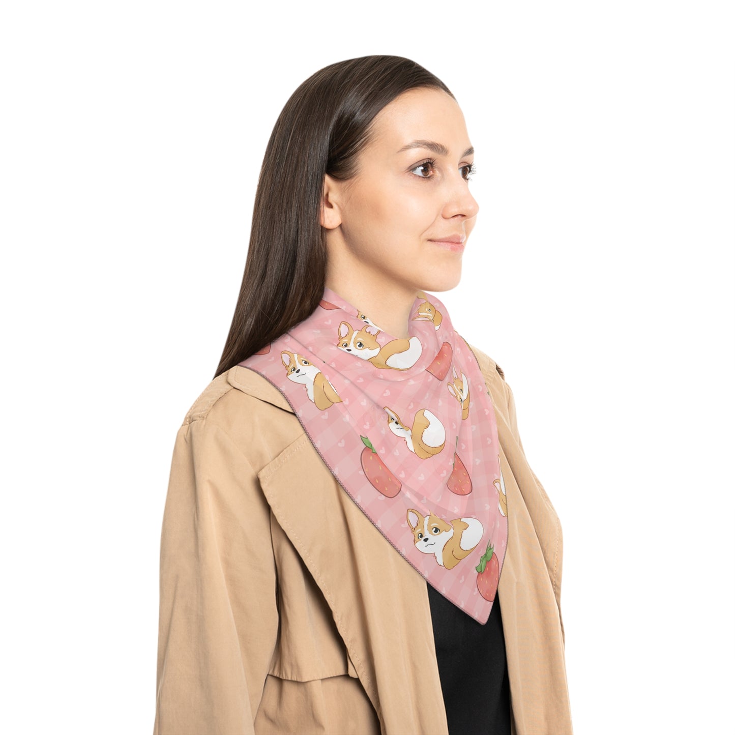 Cute Corgi Butt and Strawberries Pink Gingham Hearts Poly Chiffon Scarf