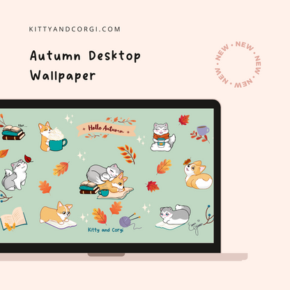 Sage Green Kitty and Corgi Cozy Fall Vibes 4k Desktop Wallpaper Bundle