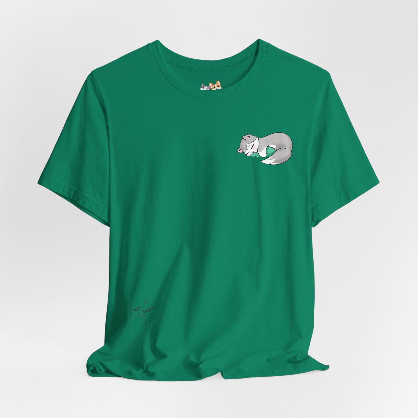 Kitty and Corgi — Sleepy Kitty Snuggling Her Dino Plushie — Super Soft Cotton Airlume Unisex T-Shirt