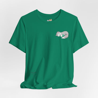 Kitty and Corgi — Sleepy Kitty Snuggling Her Dino Plushie — Super Soft Cotton Airlume Unisex T-Shirt
