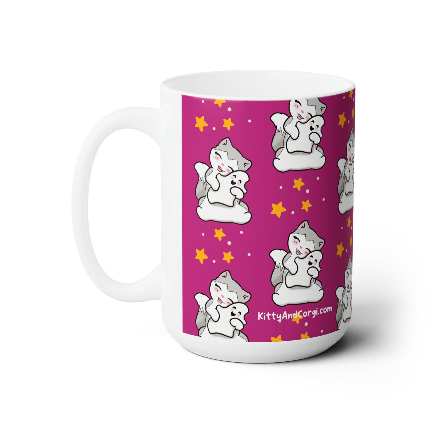Kitty loves her Ghostie Pillow - Patterned Pink Halloween Mug - 15oz