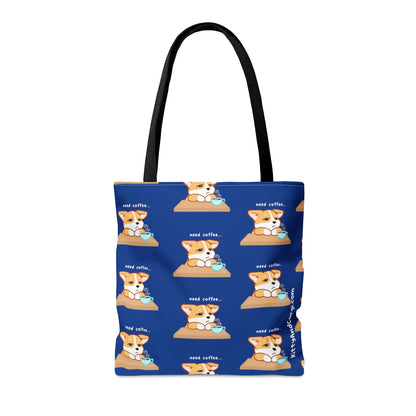 Corgi Needs Coffee - Repeating Pattern in Midnight Blue - Tote Bag