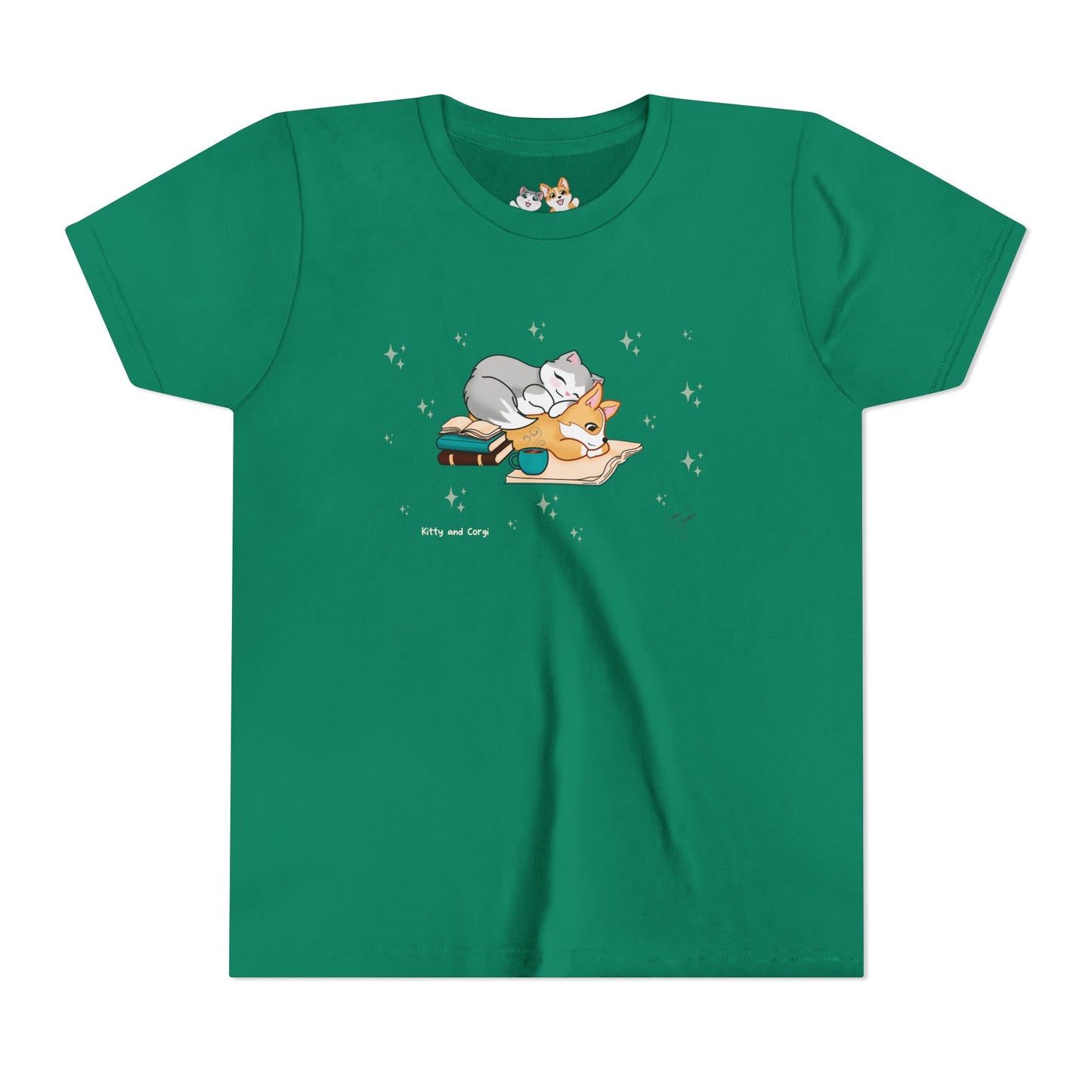 Youth Tee —  Kitty and Corgi Cuddles and Books - Unisex Youth/ Children's Graphic Tee