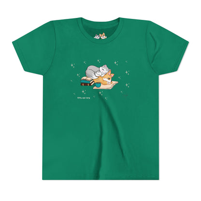 Youth Tee —  Kitty and Corgi Cuddles and Books - Unisex Youth/ Children's Graphic Tee