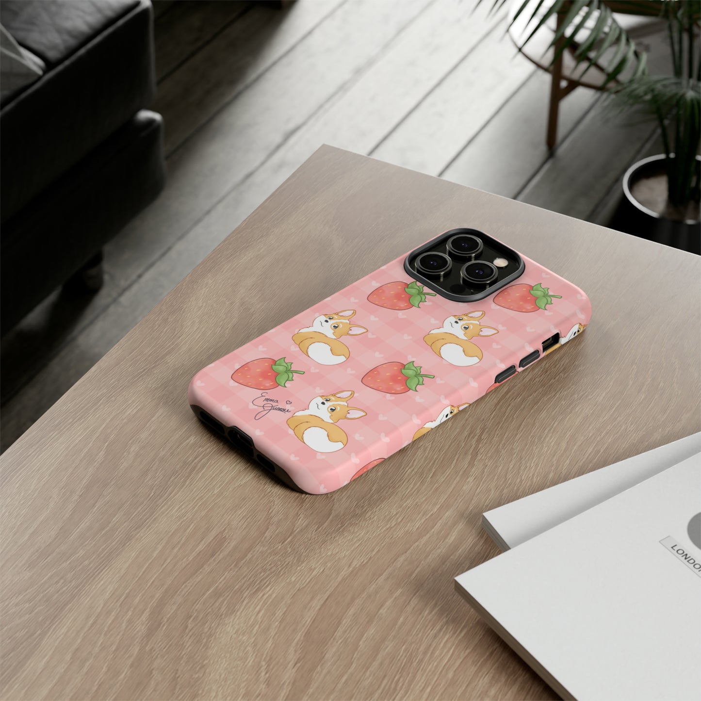 Corgi Butt and Strawberries Cute Pink Gingham Hearts Tough Case