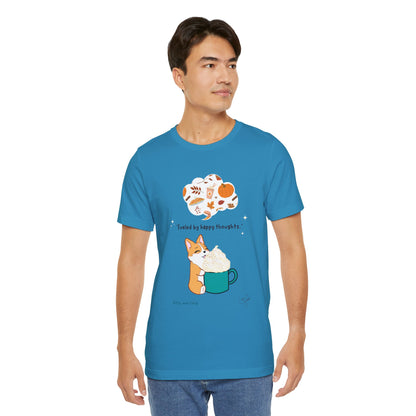 Corgi is Fueled by Happy Thoughts of Fall and Pumpkin Spice - Super Soft Cotton Airlume Unisex T-Shirt (Large Graphic)