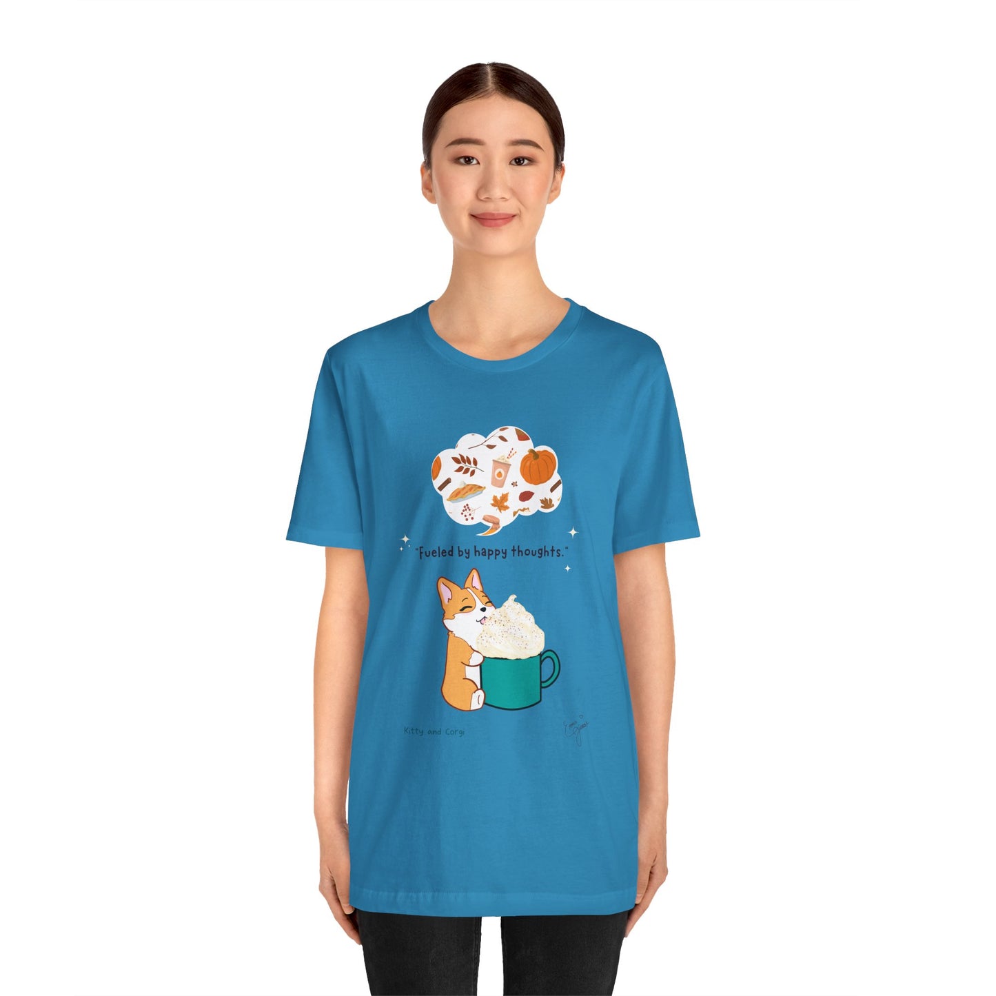 Corgi is Fueled by Happy Thoughts of Fall and Pumpkin Spice - Super Soft Cotton Airlume Unisex T-Shirt (Large Graphic)