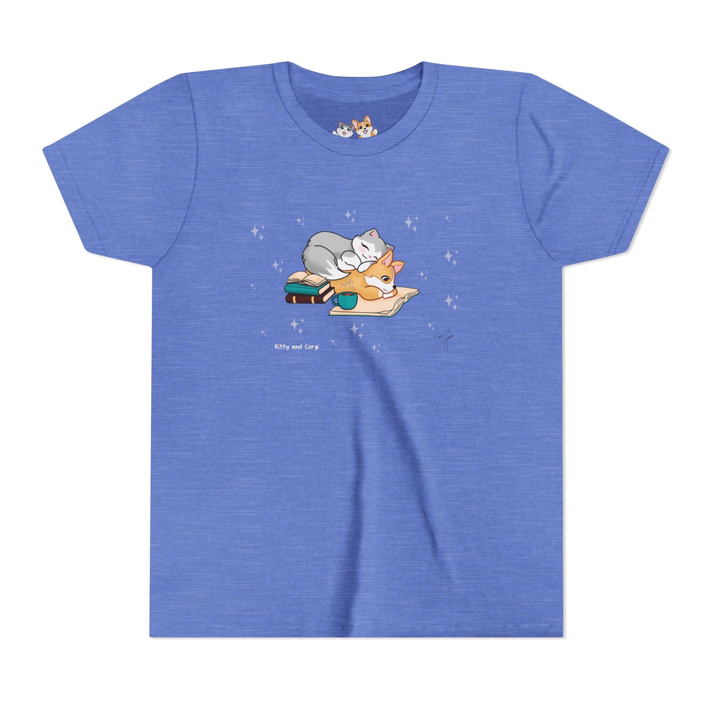 Youth Tee —  Kitty and Corgi Cuddles and Books - Unisex Youth/ Children's Graphic Tee
