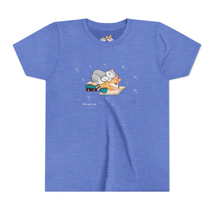 Youth Tee —  Kitty and Corgi Cuddles and Books - Unisex Youth/ Children's Graphic Tee