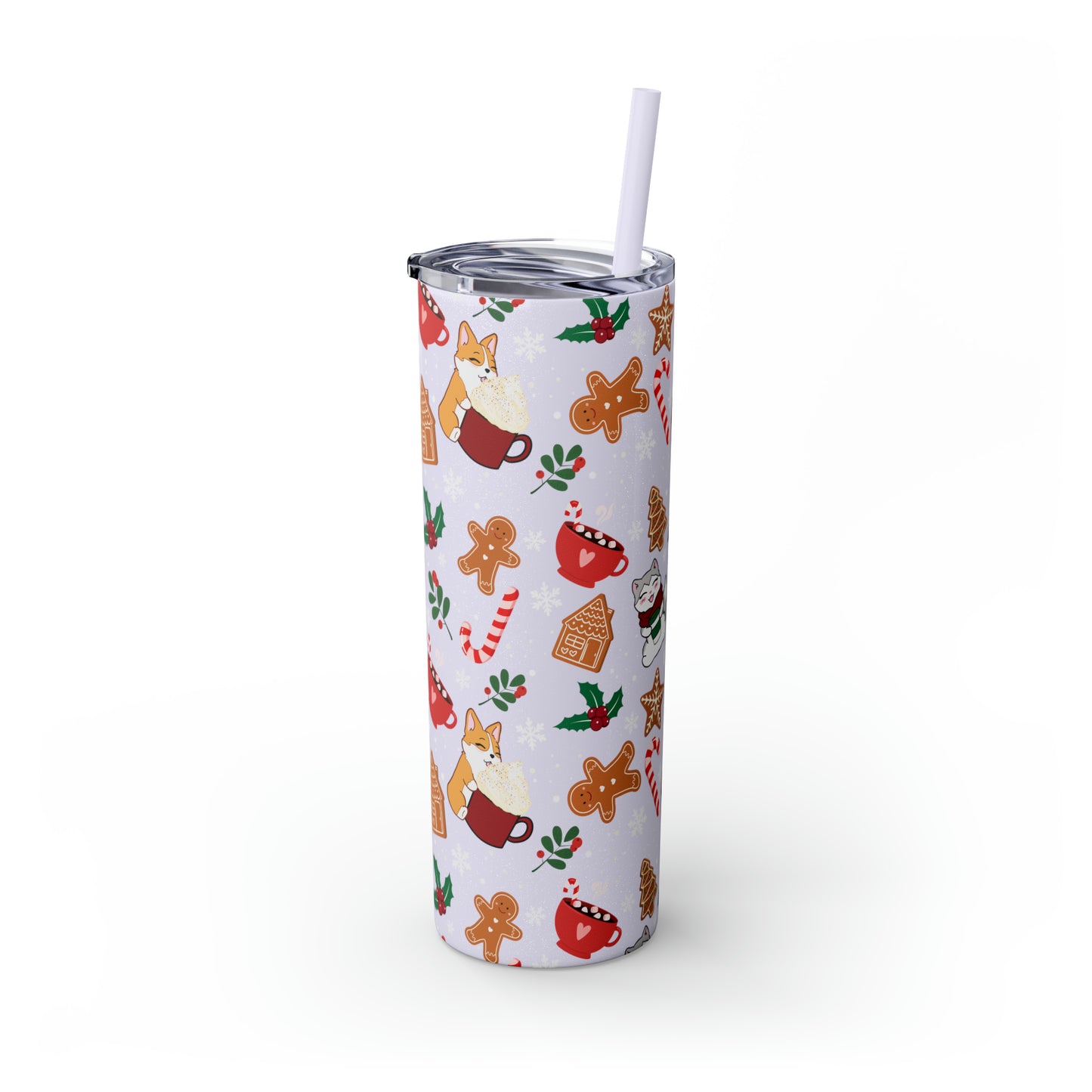 Kitty and Corgi Cocoa and Gingerbread Christmas - Skinny Tumbler with Straw, 20oz