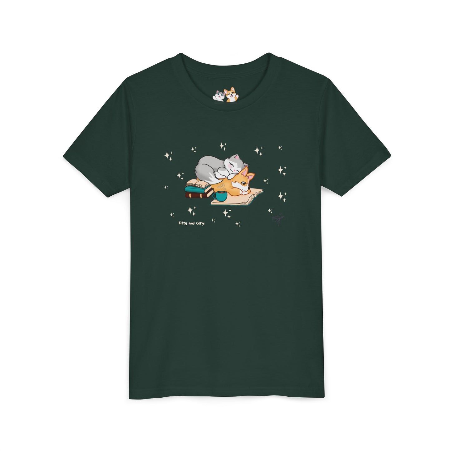 Youth Tee —  Kitty and Corgi Cuddles and Books - Unisex Youth/ Children's Graphic Tee