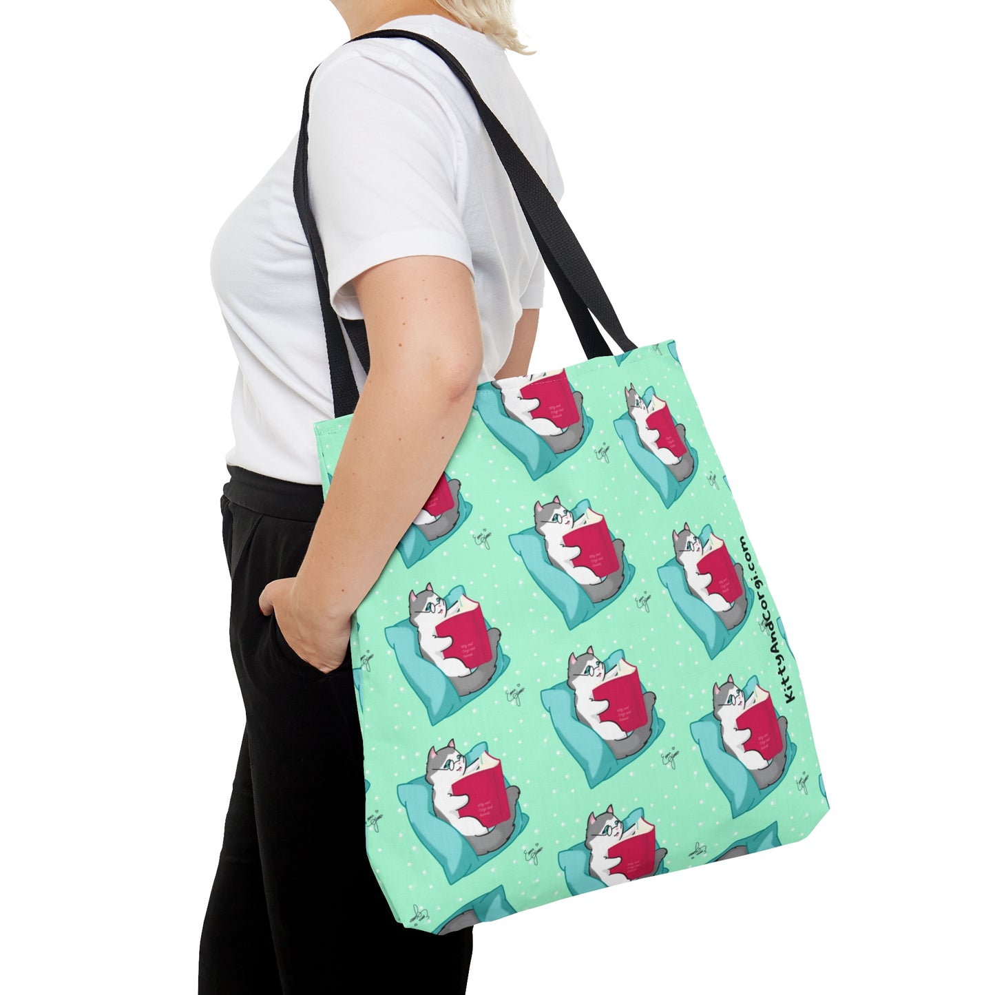 Kitty Reading a Book - Repeating Pattern - Tote Bag (AOP)