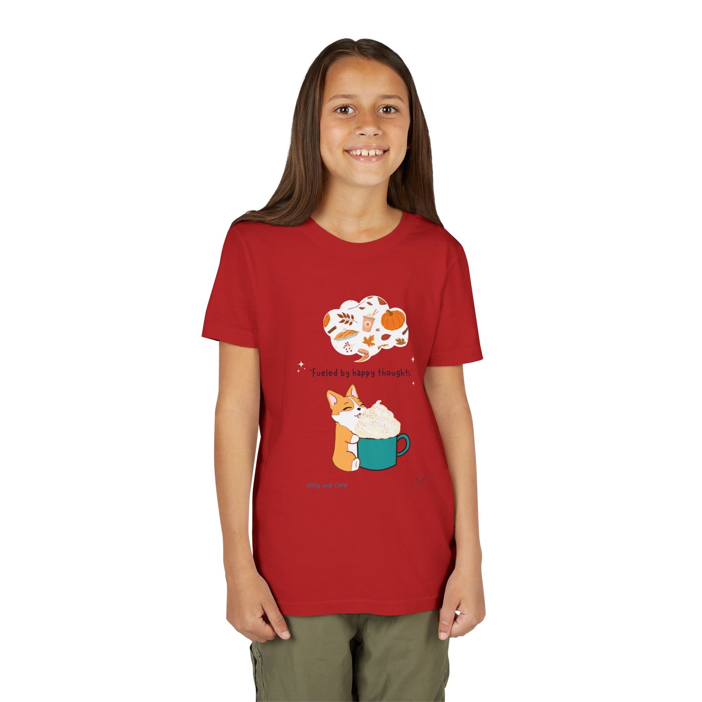 Youth Tee — Corgi loves Autumn - Fueled by Happy Thoughts - Unisex Youth/ Children's Graphic Tee
