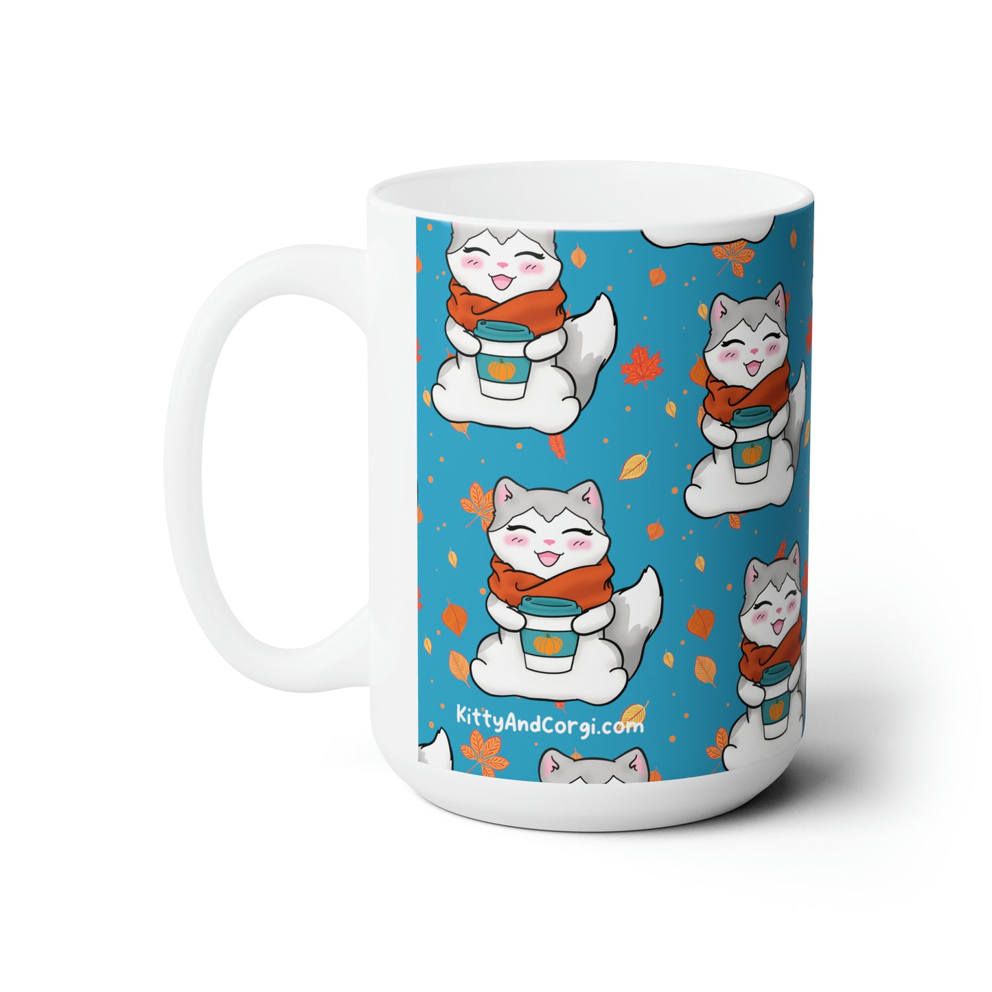 Kitty loves her seasonal Fall drinks! - Turquoise patterned mug - 15oz