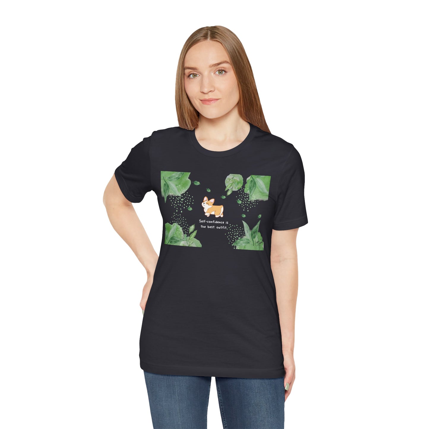 Corgi - Confidence is the Best Outfit - Super Soft Cotton Airlume Unisex T-Shirt (Horizontal Graphic)
