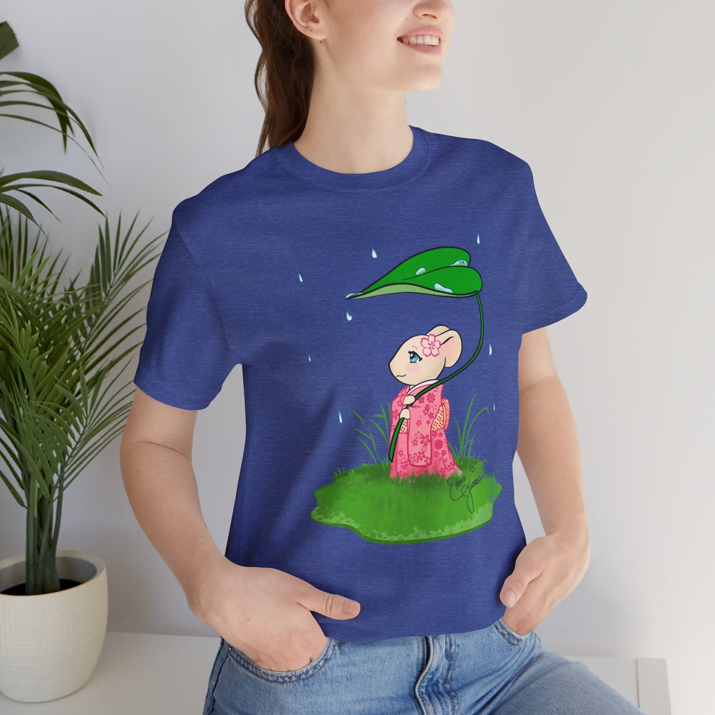 Sakura Mousie with a Leaf Umbrella on a Rainy Day - Super Soft Cotton Airlume Unisex T-Shirt (Large Graphic)