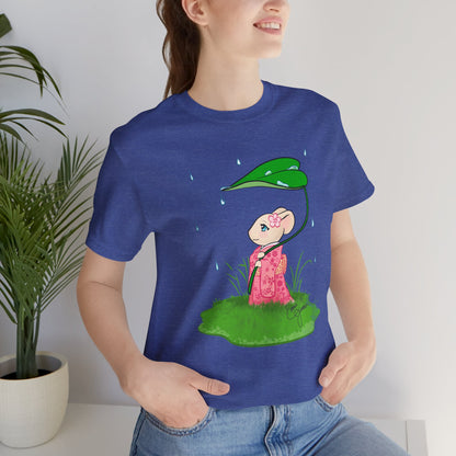 Sakura Mousie with a Leaf Umbrella on a Rainy Day - Super Soft Cotton Airlume Unisex T-Shirt (Large Graphic)