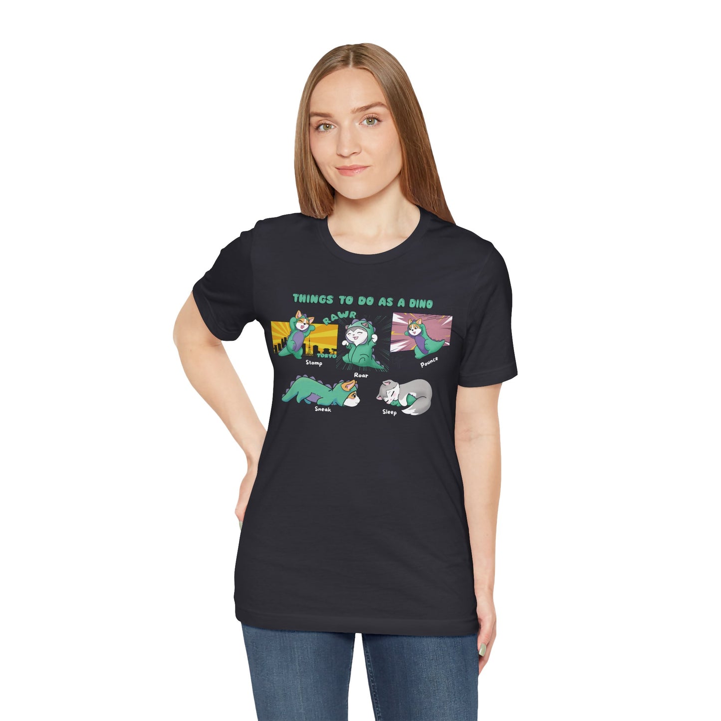 Kitty and Corgi - Things To Do As A Dino - Super Soft Cotton Airlume Unisex T-Shirt (Horizontal Graphic)