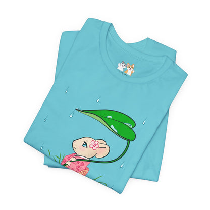 Sakura Mousie with a Leaf Umbrella on a Rainy Day - Super Soft Cotton Airlume Unisex T-Shirt (Large Graphic)