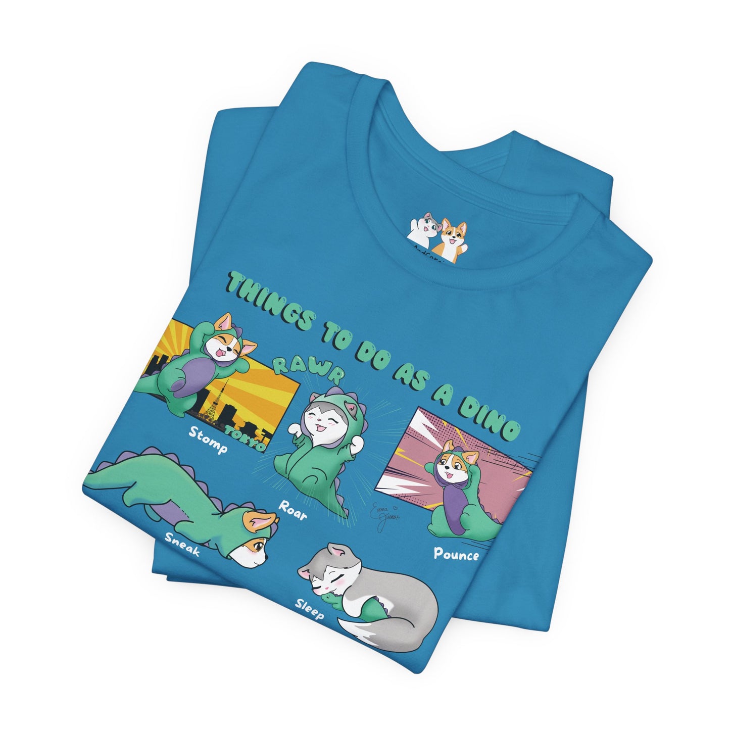 Kitty and Corgi - Things To Do As A Dino - Super Soft Cotton Airlume Unisex T-Shirt (Horizontal Graphic)