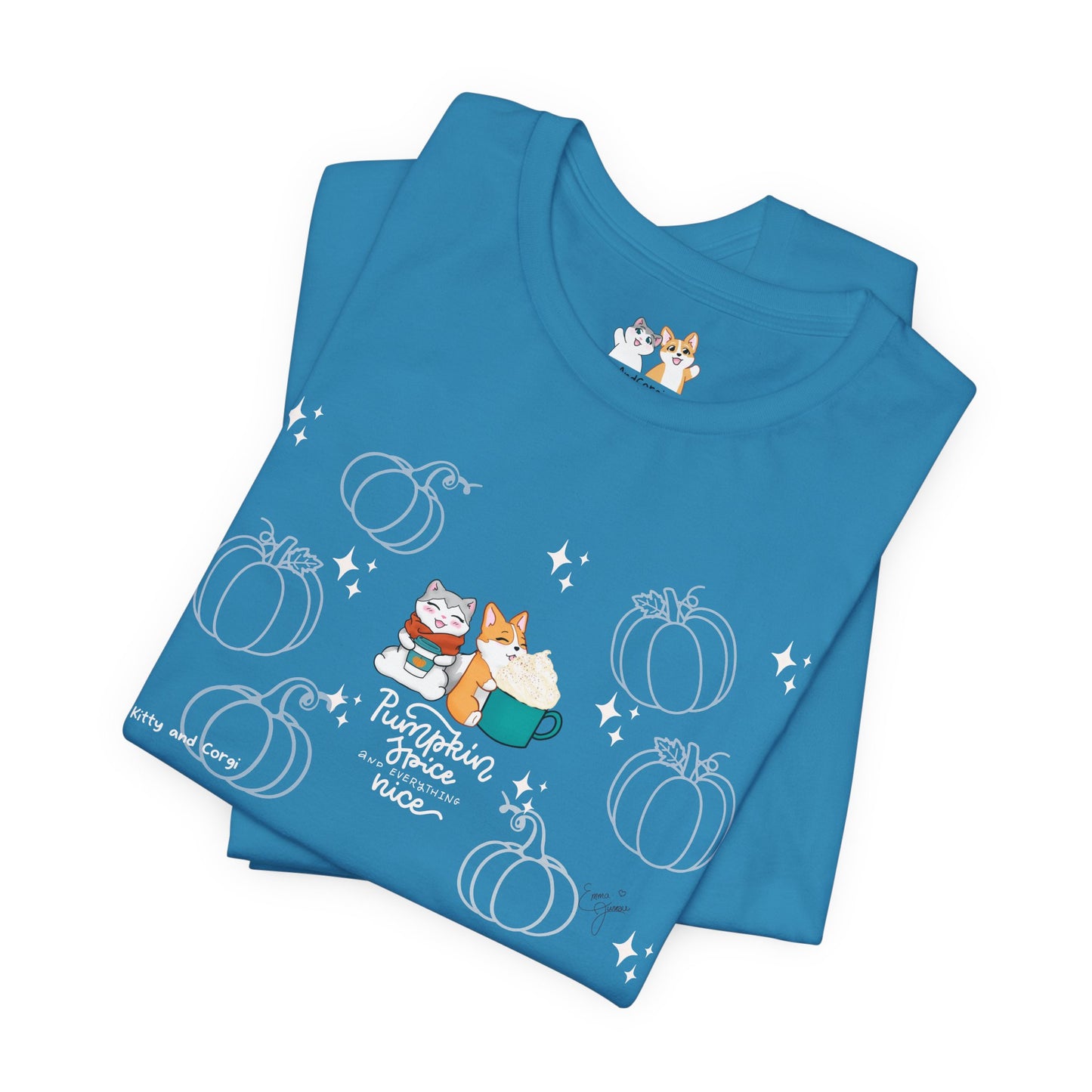 Kitty and Corgi - Pumpkin Spice and Everything Nice - Super Soft Cotton Airlume Unisex T-Shirt (Large Front Graphic)