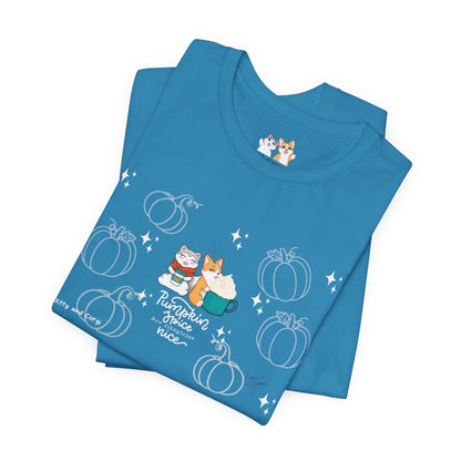 Kitty and Corgi - Pumpkin Spice and Everything Nice - Super Soft Cotton Airlume Unisex T-Shirt (Large Front Graphic)