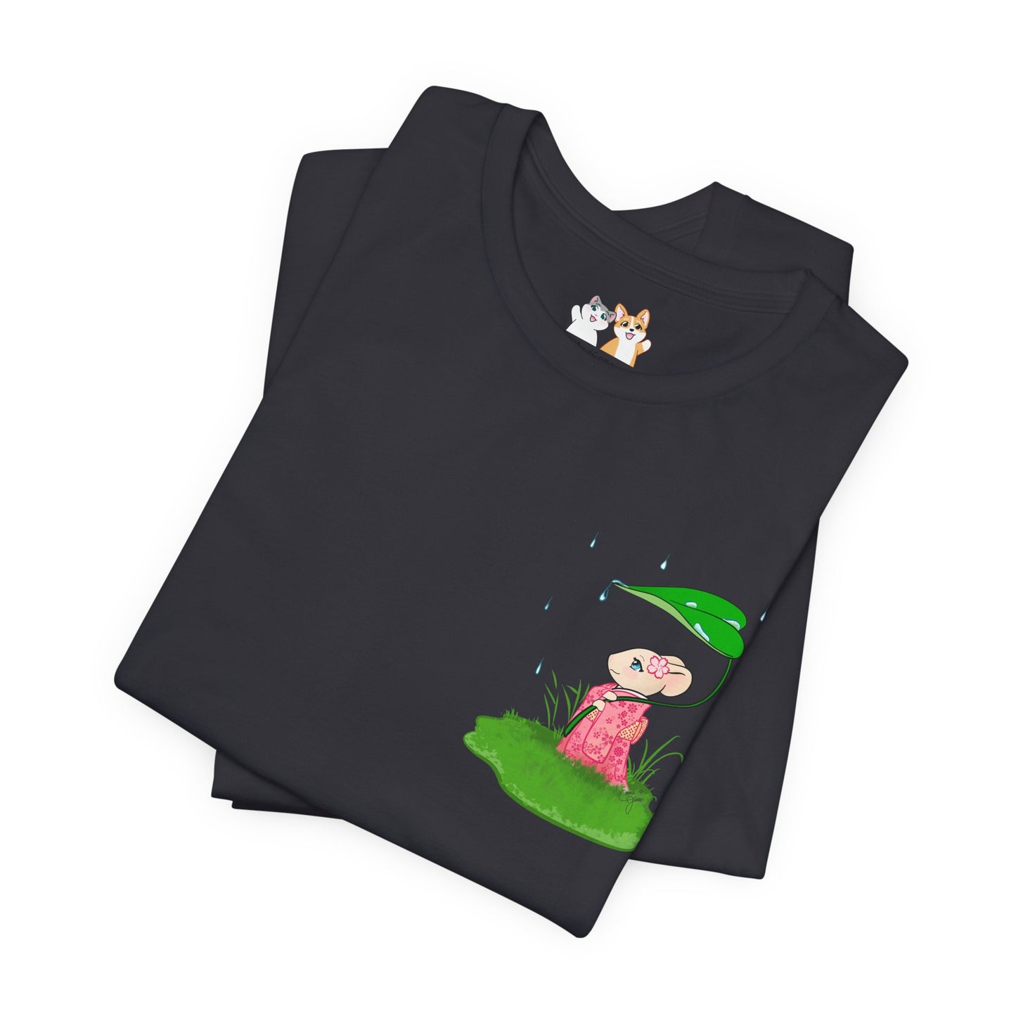 Sakura Mousie with a Leaf Umbrella on a Rainy Day - Super Soft Cotton Airlume Unisex T-Shirt (Small Pocket Graphic)
