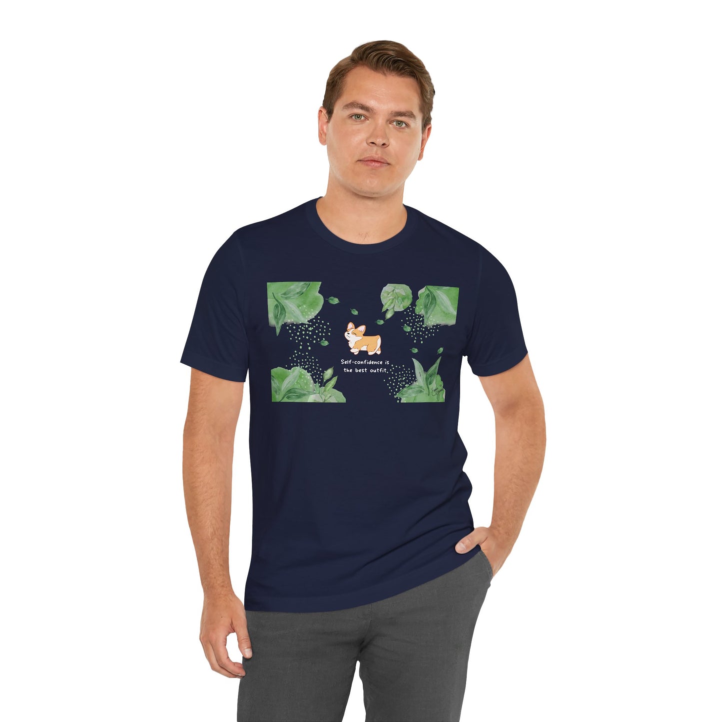 Corgi - Confidence is the Best Outfit - Super Soft Cotton Airlume Unisex T-Shirt (Horizontal Graphic)