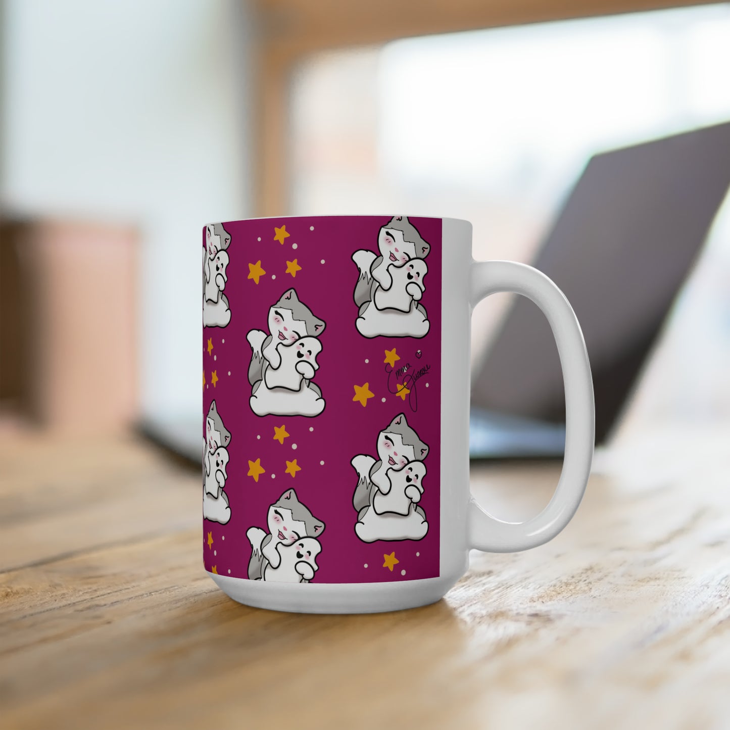 Kitty loves her Ghostie Pillow - Patterned Pink Halloween Mug - 15oz