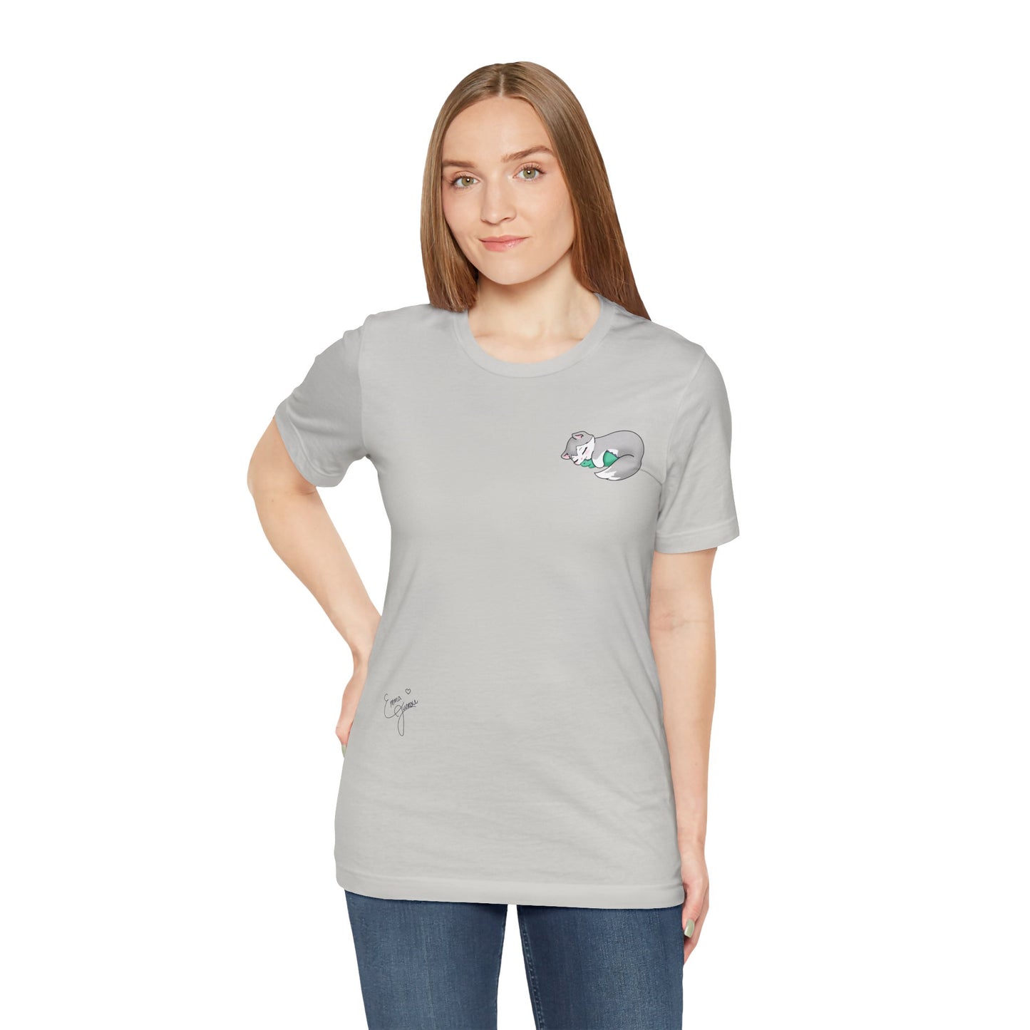 Kitty and Corgi — Sleepy Kitty Snuggling Her Dino Plushie — Super Soft Cotton Airlume Unisex T-Shirt