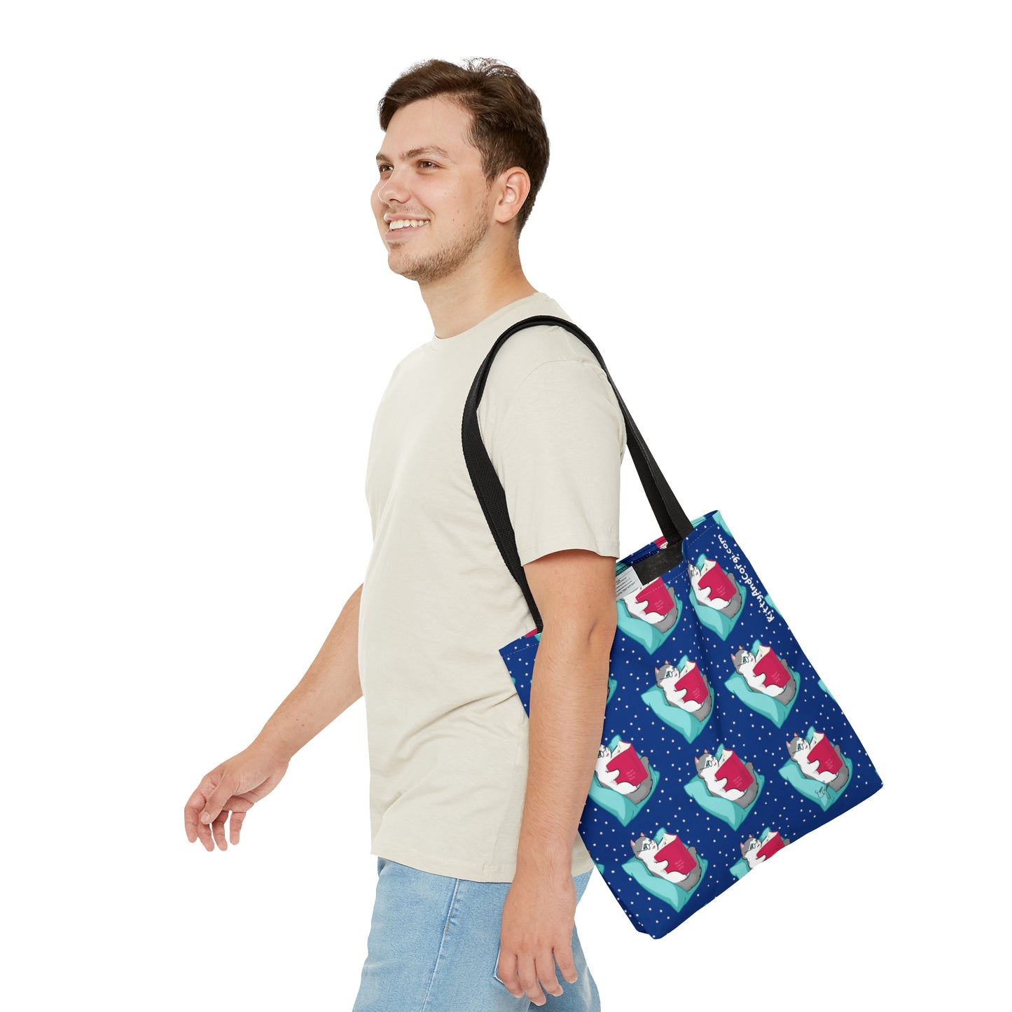 Kitty Reading a Book - Repeating Pattern in Midnight Blue - Tote Bag (AOP)