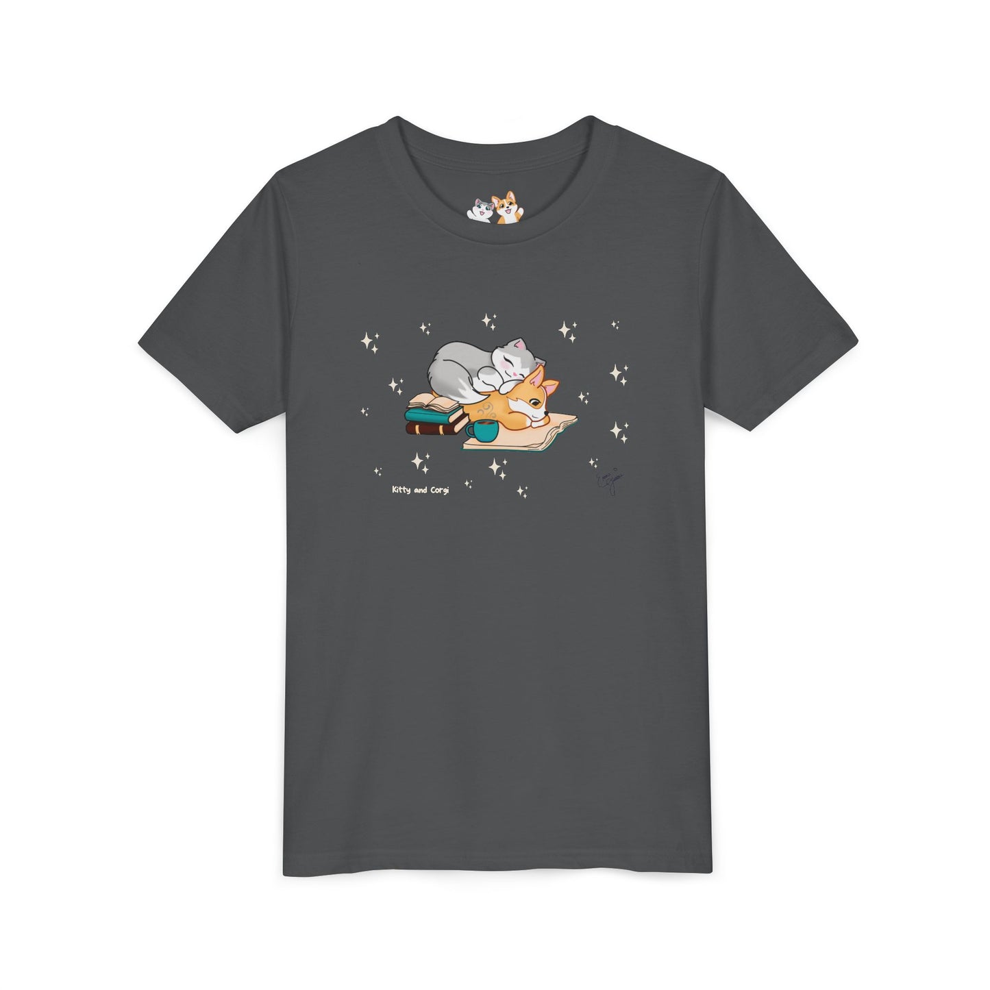 Youth Tee —  Kitty and Corgi Cuddles and Books - Unisex Youth/ Children's Graphic Tee