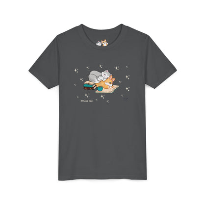 Youth Tee —  Kitty and Corgi Cuddles and Books - Unisex Youth/ Children's Graphic Tee