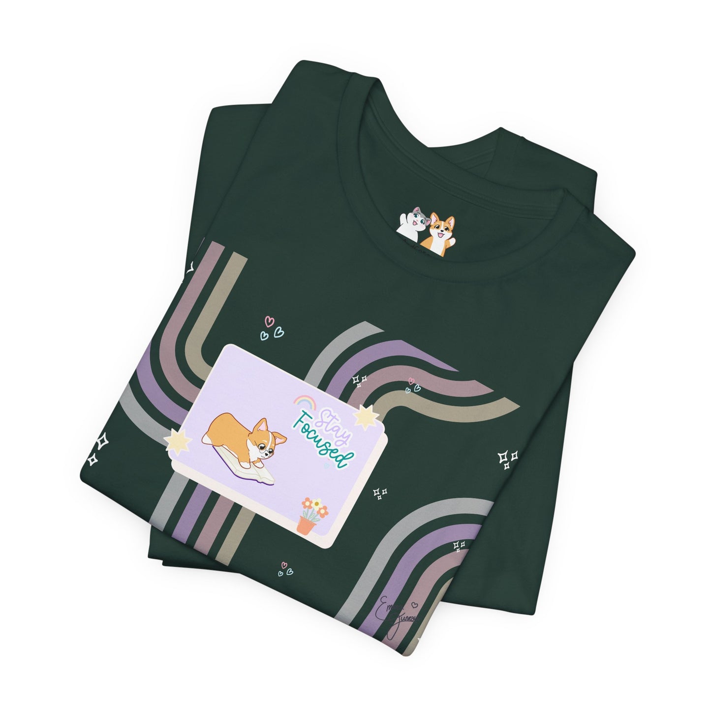 Corgi - Groovy Series - Stay Focused - Super Soft Cotton Airlume Unisex T-Shirt (Horizontal Graphic)