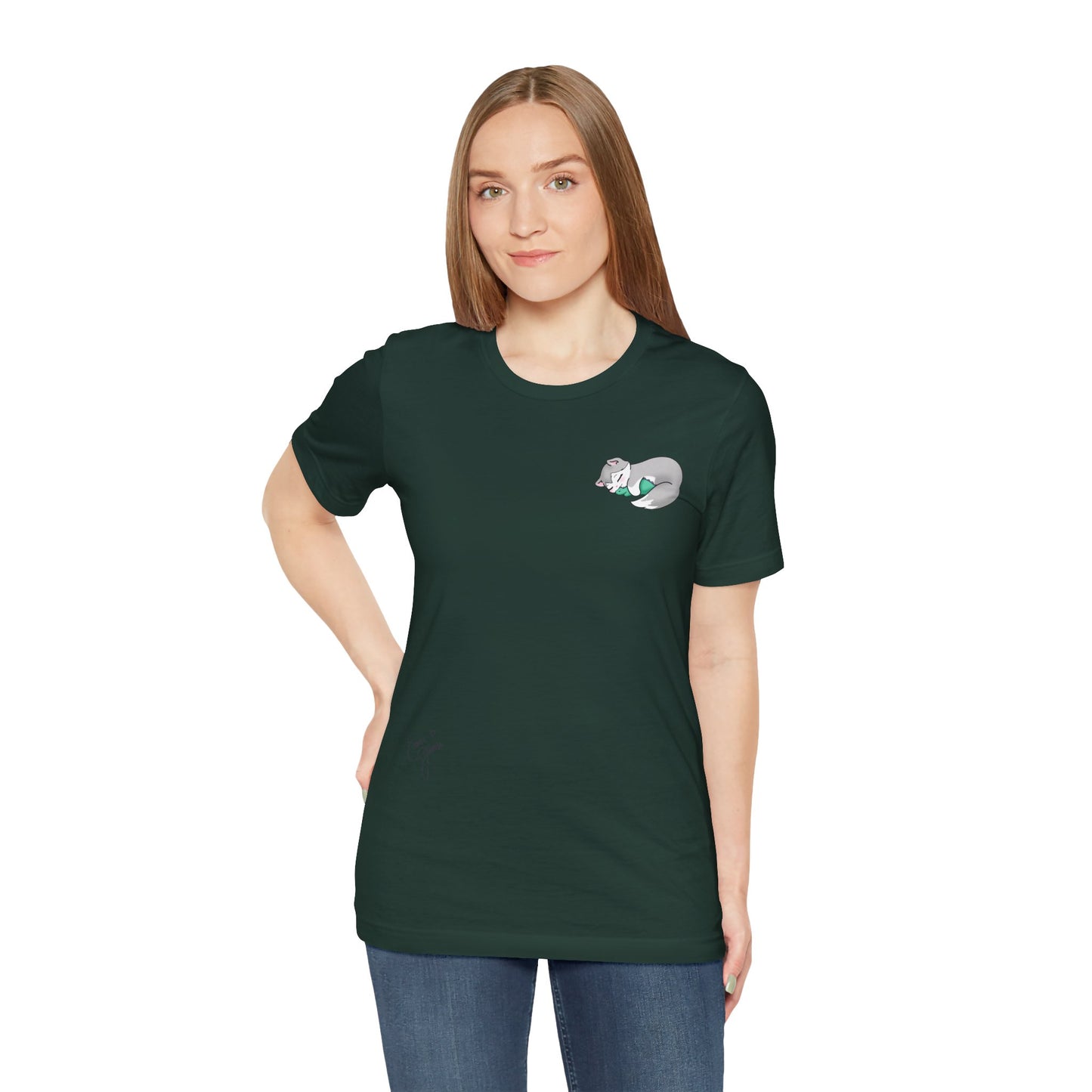Kitty and Corgi — Sleepy Kitty Snuggling Her Dino Plushie — Super Soft Cotton Airlume Unisex T-Shirt