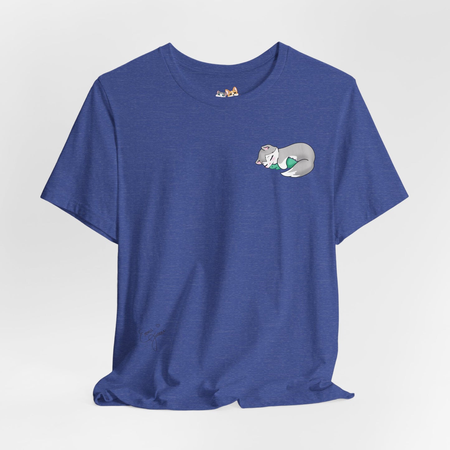 Kitty and Corgi — Sleepy Kitty Snuggling Her Dino Plushie — Super Soft Cotton Airlume Unisex T-Shirt
