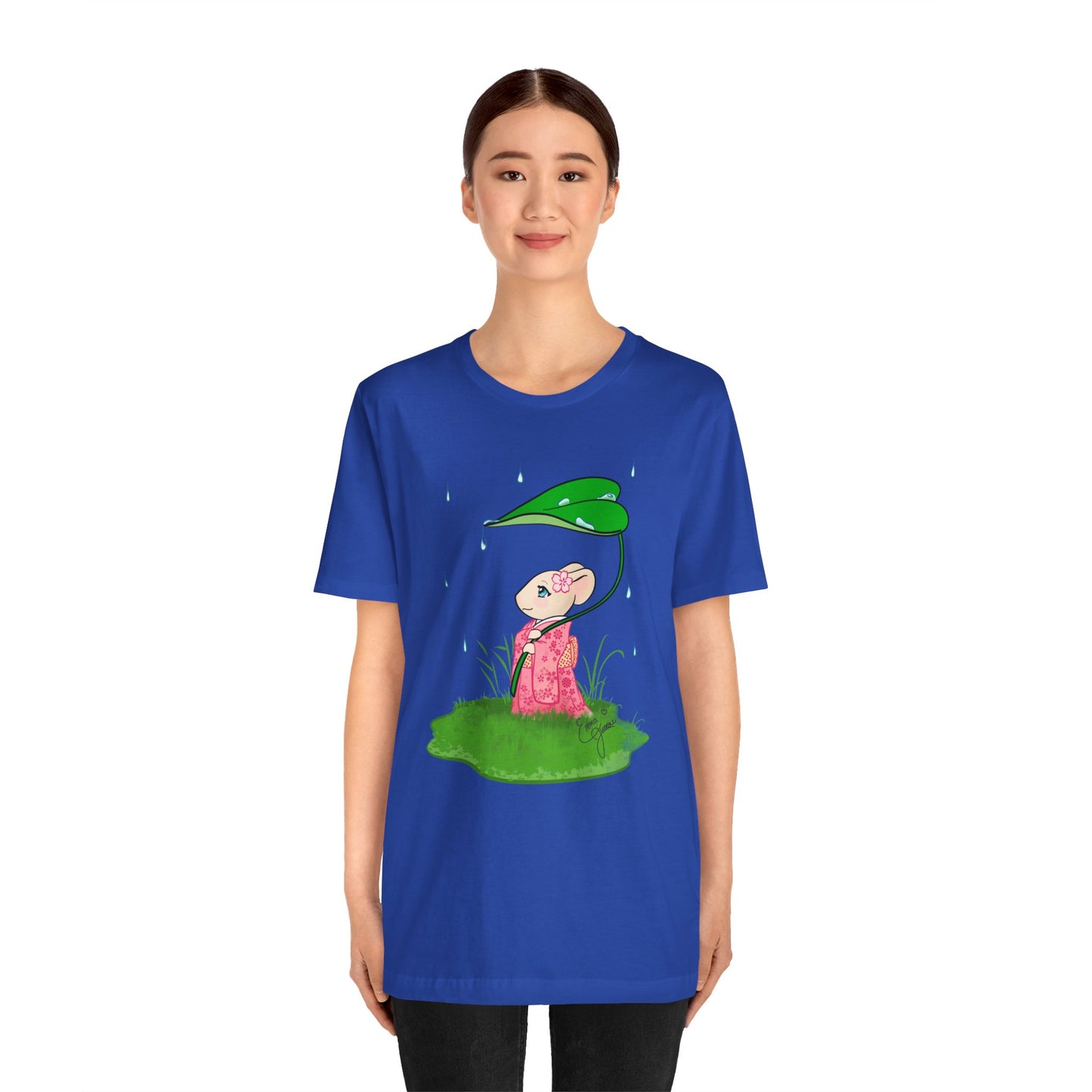 Sakura Mousie with a Leaf Umbrella on a Rainy Day - Super Soft Cotton Airlume Unisex T-Shirt (Large Graphic)