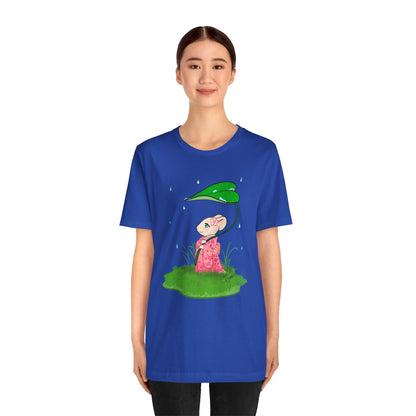 Sakura Mousie with a Leaf Umbrella on a Rainy Day - Super Soft Cotton Airlume Unisex T-Shirt (Large Graphic)