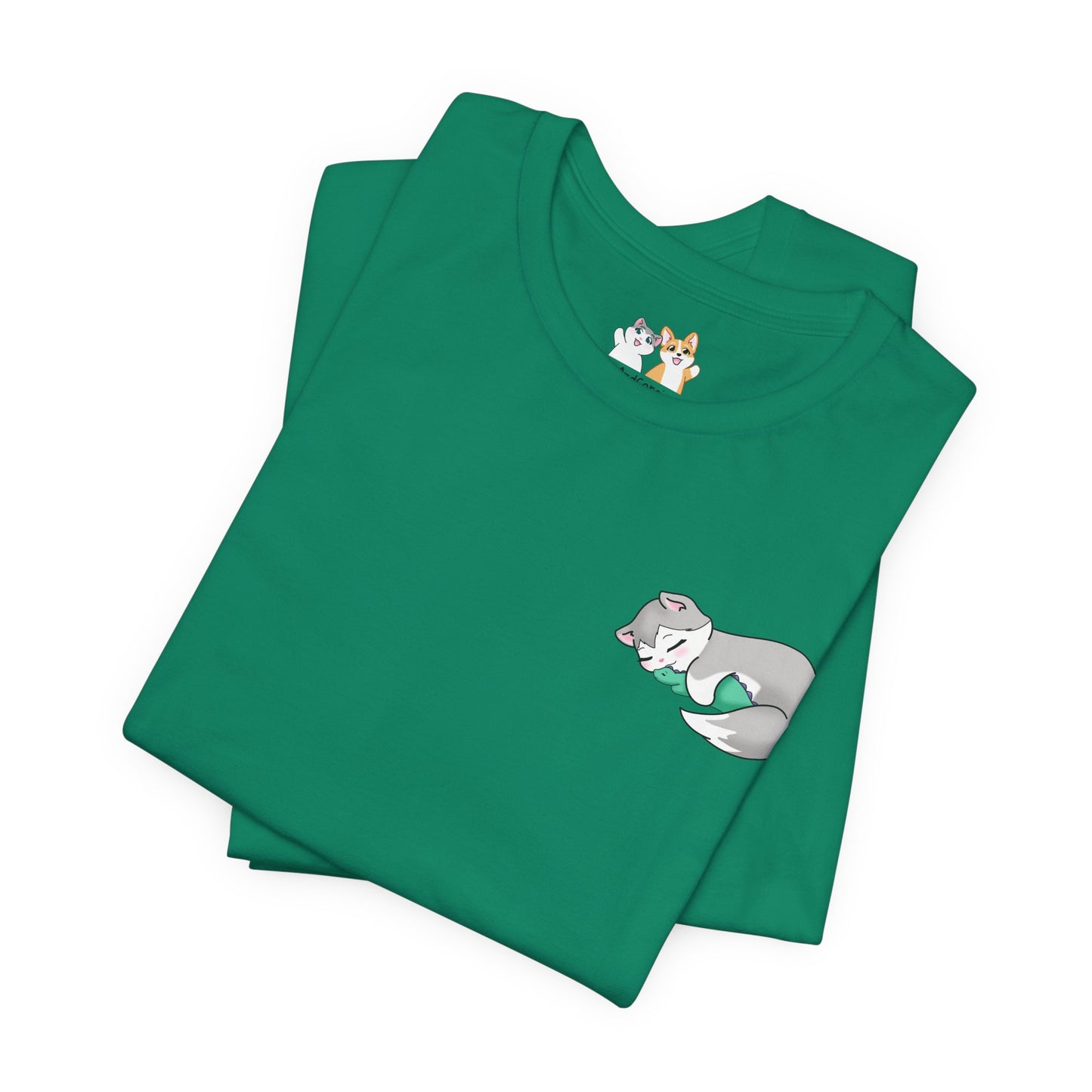 Kitty and Corgi — Sleepy Kitty Snuggling Her Dino Plushie — Super Soft Cotton Airlume Unisex T-Shirt