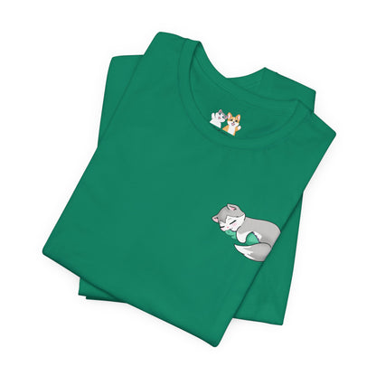 Kitty and Corgi — Sleepy Kitty Snuggling Her Dino Plushie — Super Soft Cotton Airlume Unisex T-Shirt