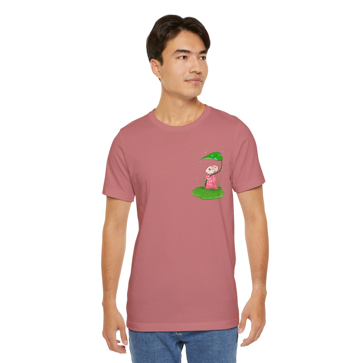 Sakura Mousie with a Leaf Umbrella on a Rainy Day - Super Soft Cotton Airlume Unisex T-Shirt (Small Pocket Graphic)