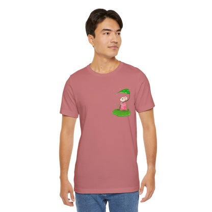 Sakura Mousie with a Leaf Umbrella on a Rainy Day - Super Soft Cotton Airlume Unisex T-Shirt (Small Pocket Graphic)